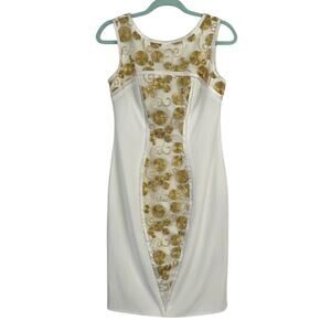 Theia Gilded Embroidered Sheath Cocktail Dress White & Gold Size 6 Event